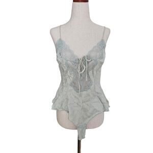 Vintage 90s Gold Tag Victoria's Secret Green Silk Floral Lace Bodysuit Small